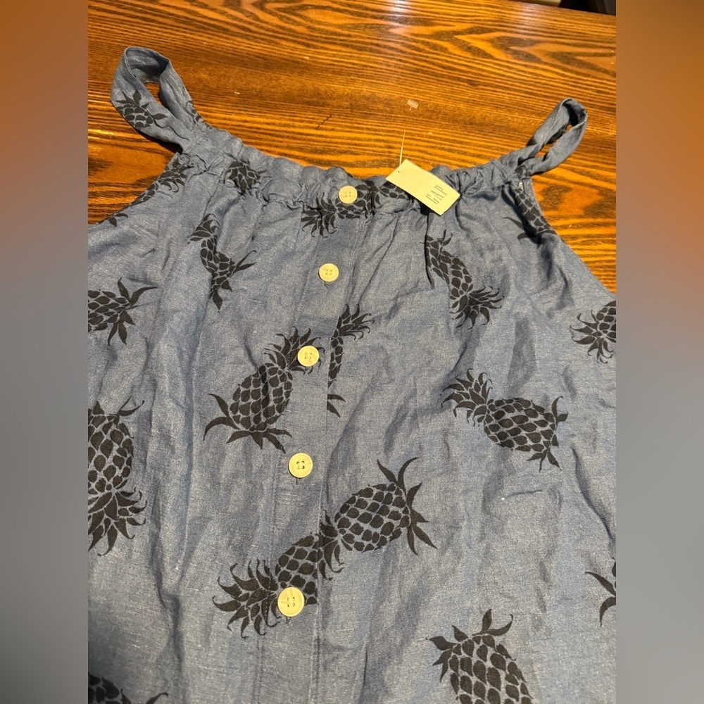 GAP Button Front Tank Top Linen Blend Women's XL Blue Pineapple Tropical Beach - Picture 14 of 15